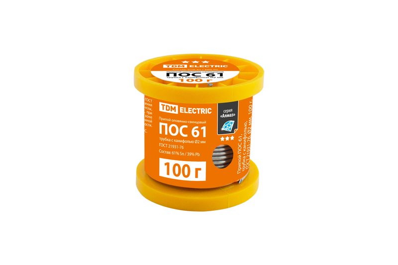 "Припой ПОС 61, трубка с канифолью, ГОСТ 21931-76, ?2 мм, 100 г, катушка, серия ""Алмаз"" TDM" SQ1025-0307