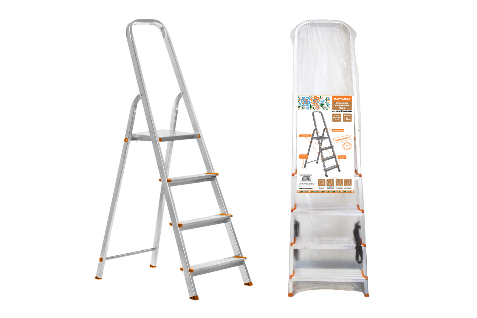 Стремянка алюминиевая СА4, 4 ступени, усиленный профиль h=780 мм, Народная SQ1028-0103