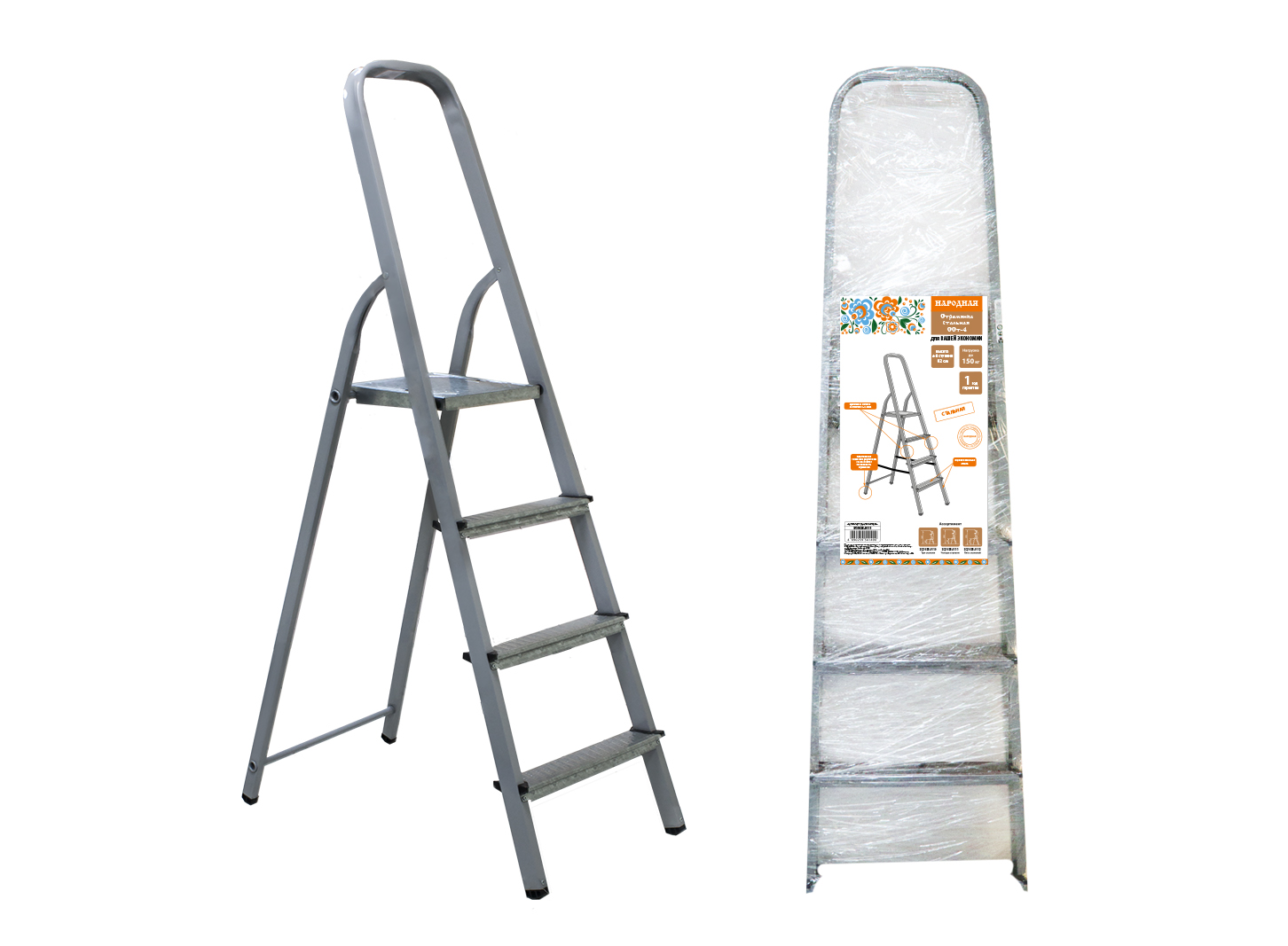 Стремянка стальная ССт-4, 4 ступени с цинковым покрытием, стальной профиль, h=820 мм, Народная SQ1028-0111