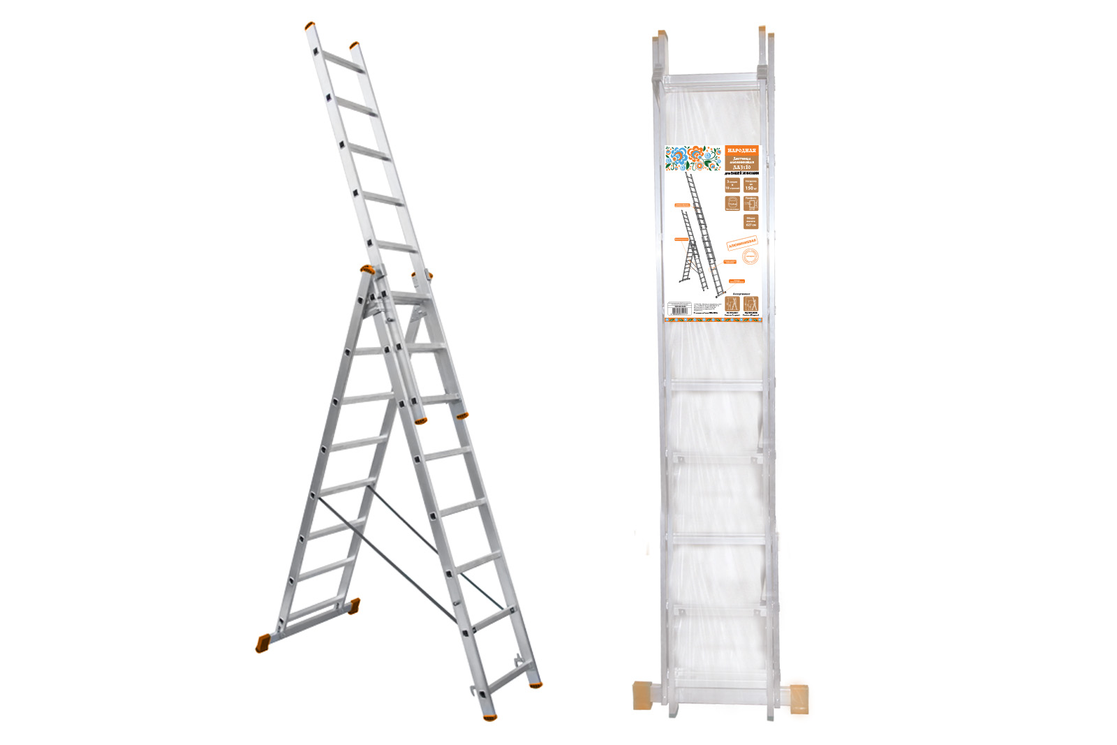 Лестница алюминиевая, ЛА3х10, 3х секционная х 10 ступеней, h=6270 мм, Народная SQ1028-0202