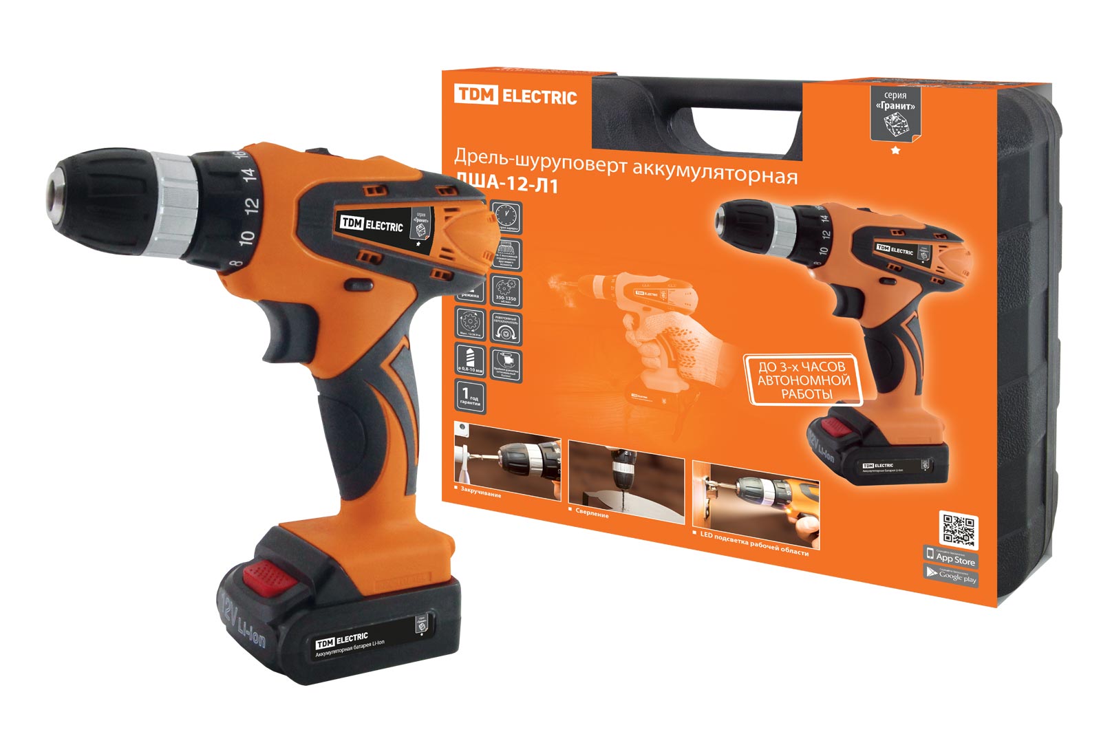 "Дрель-шуруповерт акк. ДША-12-Л1 12 В, 1,3 А*ч Li-Ion, 22 Нм, 0-1350 об/мин, кейс, ""Гранит"" TDM" SQ1030-0201