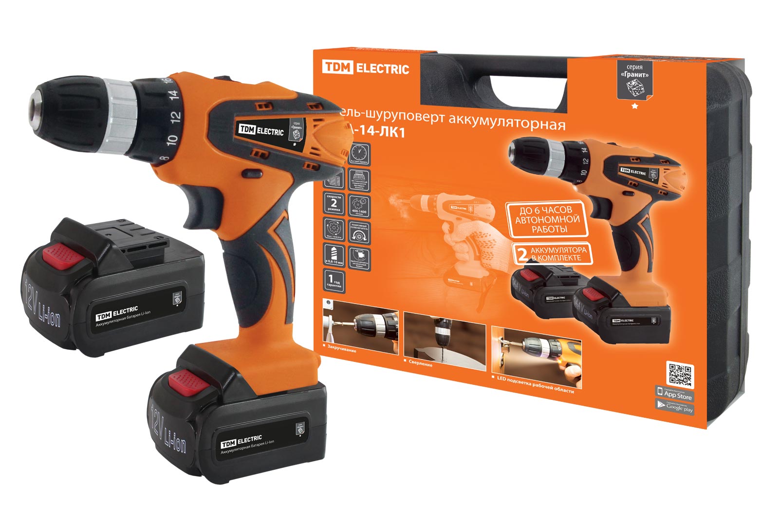 "Дрель-шуруповерт акк. ДША-14-ЛК1 14 В, 1,3 А*ч Li-Ion 2 шт, 26 Нм, 0-1400 об/мин, кейс, ""Гранит"" TDM" SQ1030-0203
