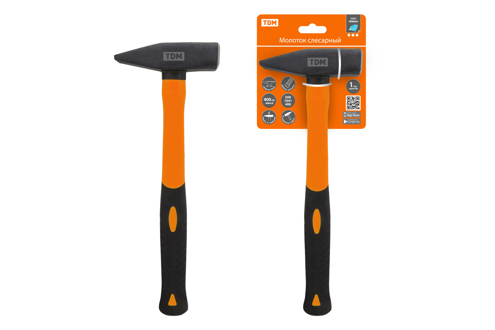 "Молоток слесарный, 400 гр, кованый, с прорезиненной фиберглассовой рукояткой ""Алмаз"" TDM " SQ1036-0102
