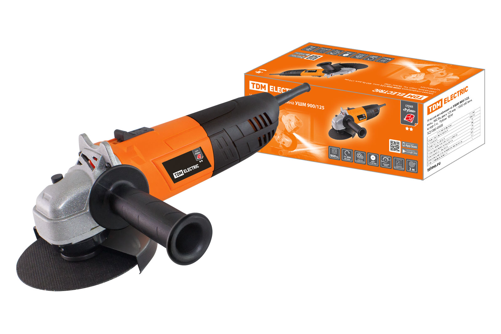 "Угловая шлифмашина УШМ 900/125, мощ. 900 Вт, диск 125 мм, 11000 об/мин, шнур 3 м, ""Рубин"" TDM" SQ1080-0105