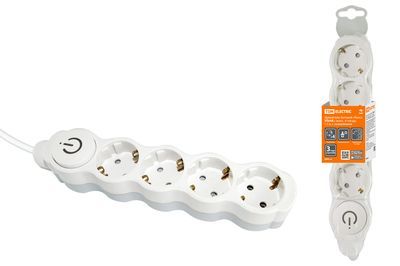 "Удлинитель бытовой ""Люкс"" УЛ04В выкл, 4 гнезда, 1,5м, с/з, с з/ш, ПВС 3х1мм2 16А/250В бело-серый TDM" SQ1303-0133