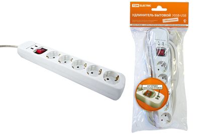 Удлинитель бытовой  У05В-USB 5 гнезд, 2USB разъема, 1,5 метра, вык., з/к, ПВС 3х1мм2  16А/250В TDM SQ1303-0302