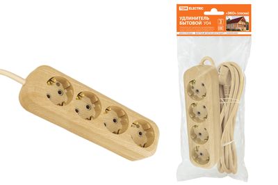 "Удлинитель бытовой У04 4 гнезда, 5метров,2П+3, ПВС 3х1мм2 ""Эко"" (сосна) 16А/250В TDM" SQ1303-2012