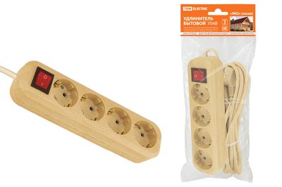 "Удлинитель бытовой  У04В выключатель, 4 гнезда, 5метров,2П+3, ПВС 3х1мм2 ""Эко"" (сосна) 16А/250В TDM" SQ1303-2112