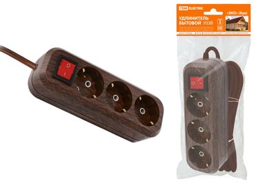 "Удлинитель бытовой  У03В выключатель, 3 гнезда, 3метра,2П+3, ПВС 3х1мм2 ""Эко"" (бук) 16А/250В TDM" SQ1303-3101