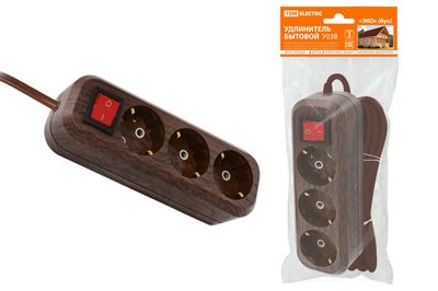 "Удлинитель бытовой  У03В выключатель, 3 гнезда, 5метров,2П+3, ПВС 3х1мм2 ""Эко"" (бук) 16А/250В TDM" SQ1303-3102
