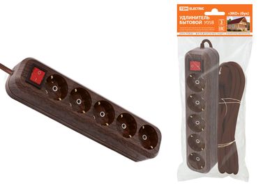 "Удлинитель бытовой  У05В выключатель, 5 гнезд, 3метра,2П+3, ПВС 3х1мм2 ""Эко"" (бук) 16А/250В TDM" SQ1303-3121