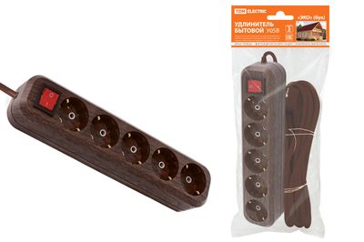 "Удлинитель бытовой  У05В выключатель, 5 гнезд, 5метров,2П+3, ПВС 3х1мм2 ""Эко"" (бук) 16А/250В TDM" SQ1303-3122