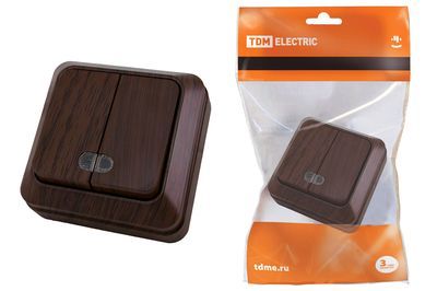 "Выключатель 2-кл. открытой установки с подсветкой IP20 10А, бук ""Ладога"" TDM" SQ1801-0030