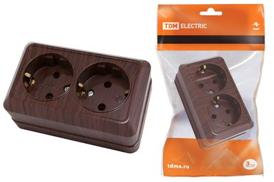 "Розетка двойная 2П+З открытой установки IP20 16А, бук ""Ладога"" TDM" SQ1801-0036