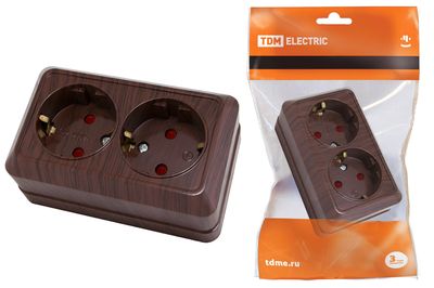 "Розетка двойная 2П+З открытой установки с з/ш IP20 16А, бук ""Ладога"" TDM" SQ1801-0040