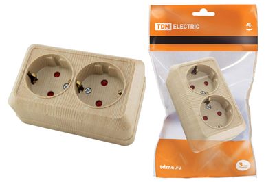 "Розетка двойная 2П+З открытой установки с з/ш IP20 16А, сосна ""Ладога"" TDM" SQ1801-0056