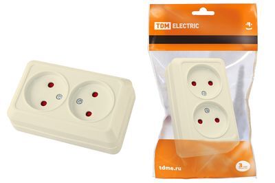 "Розетка двойная 2П открытой установки с з/ш IP20 10А, слоновая кость ""Ладога"" TDM" SQ1801-0065