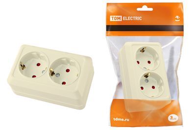 "Розетка двойная 2П+З открытой установки с з/ш IP20 16А, слоновая кость ""Ладога"" TDM" SQ1801-0066