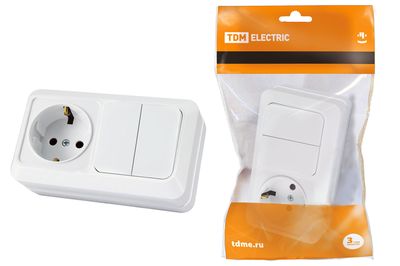 "Блок комбинированный выкл. 2-кл. 10А + розетка 2П+З 16А 250В БКВР IP20 белый ""Ладога"" TDM" SQ1801-0102