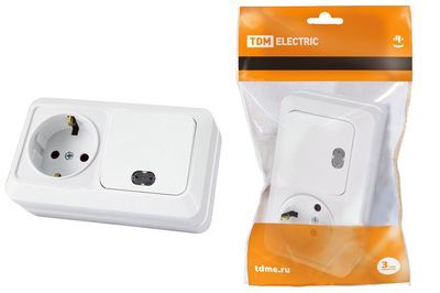 "Блок комбинированный выкл. 1-кл. с/п 10А + розетка 2П+З 16А 250В БКВР IP20 белый ""Ладога"" TDM" SQ1801-0103