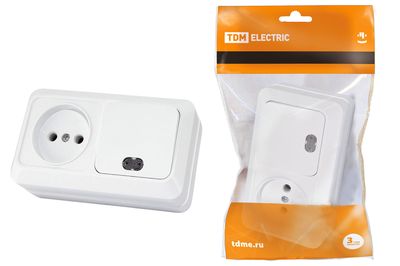 "Блок комбинированный выкл. 1-кл. с/п 10А + розетка 2П 10А 250В БКВР IP20 белый ""Ладога"" TDM" SQ1801-0107