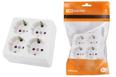 "Розетка четырехместная 2П+3 открытой установки IP20 16A с защитными шторками белая ""Ладога"" TDM" SQ1801-0123