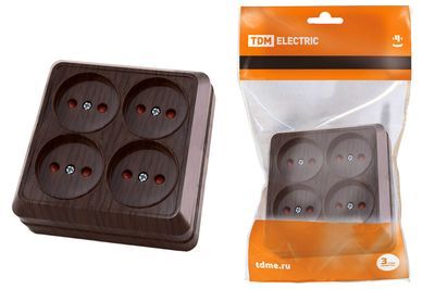 "Розетка четырехместная 2П открытой установки IP20 10A с защитными шторками бук ""Ладога"" TDM" SQ1801-0321
