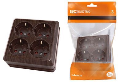 "Розетка четырехместная 2П+3 открытой установки IP20 16A с защитными шторками бук ""Ладога"" TDM" SQ1801-0323