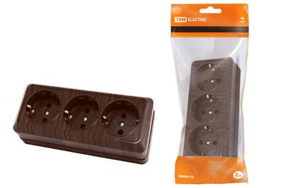 "Розетка 3-х местная горизонтальная 2П+3 открытой установки IP20 16A бук ""Ладога"" TDM" SQ1801-0326