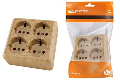 "Розетка четырехместная 2П+3 открытой установки IP20 16A с защитными шторками сосна ""Ладога"" TDM" SQ1801-0423