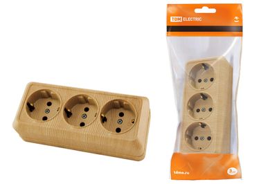 "Розетка 3-х местная горизонтальная 2П+3 открытой установки IP20 16A сосна ""Ладога"" TDM" SQ1801-0426