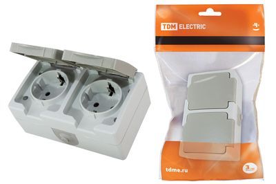 "Розетка двойная 2П+3 (горизонтальная) открытой установки IP54 16А ""Вуокса"" TDM" SQ1803-0008