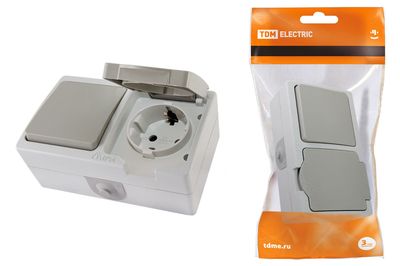 "Блок комбинированный (горизонтальный) выключатель 1-кл. + розетка 2П+З с з/ш БКВР IP54 ""Вуокса"" TDM" SQ1803-0010