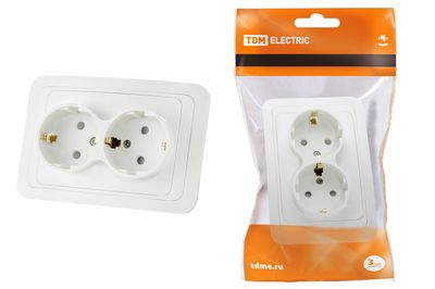 "Розетка двойная 2П+З 16А c защитными шторками белая ""Валдай"" TDM" SQ1804-0026