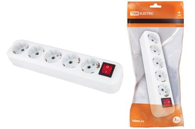 Колодка розеточная 5 гнезд 2П+3 с выключателем16А 250В белая TDM SQ1806-0037