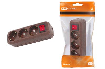 "Колодка розеточная 3 гнезда 2П+3 с выключателем16А 250В ""Эко"" (бук) TDM" SQ1806-0063