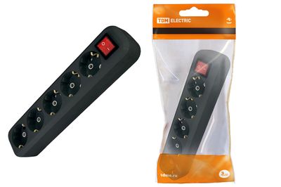 Колодка розеточная 5 гнезд 2П+3 с выключателем16А 250В черная TDM SQ1806-0137