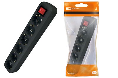 Колодка розеточная 6 гнезд 2П+З с выключателем16А 250В черная TDM SQ1806-0140