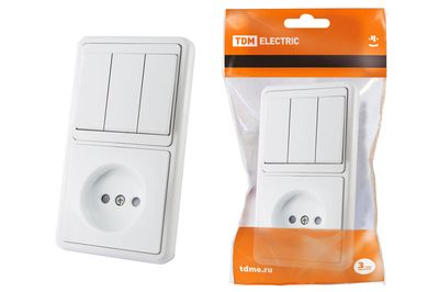 Блок комбинированный БКВР 3-х кл. выкл + розетка 2П с з/ш TDM SQ1813-0006