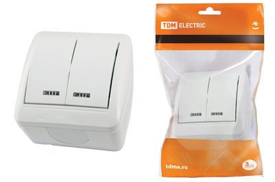 "Выключатель 2-кл. открытой установки с подсветкой IP44 10А белый ""Селигер"" TDM" SQ1818-0004