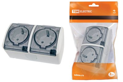 "Розетка двойная 2П+3 открытой установки IP54 16А с прозрачной крышкой белая ""Селигер"" TDM" SQ1818-0009