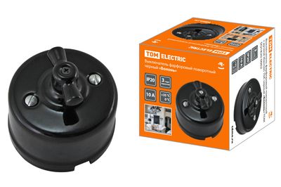 Выключатель фарфоровый поворотный с ручкой (бантик) 10А черный «Болонь» TDM SQ1820-0002