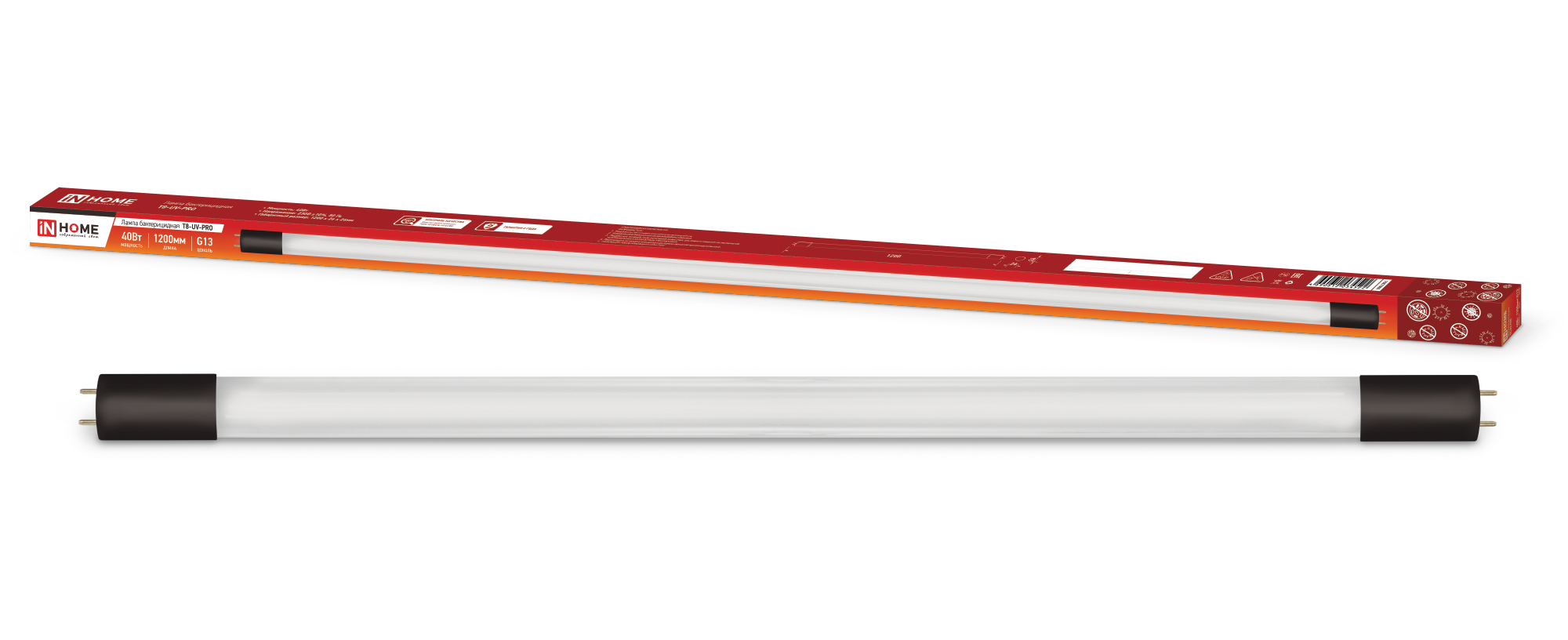 Лампа бактерицидная T8-UV-PRO 40Вт 230В G13 1200мм прозрачная IN HOME