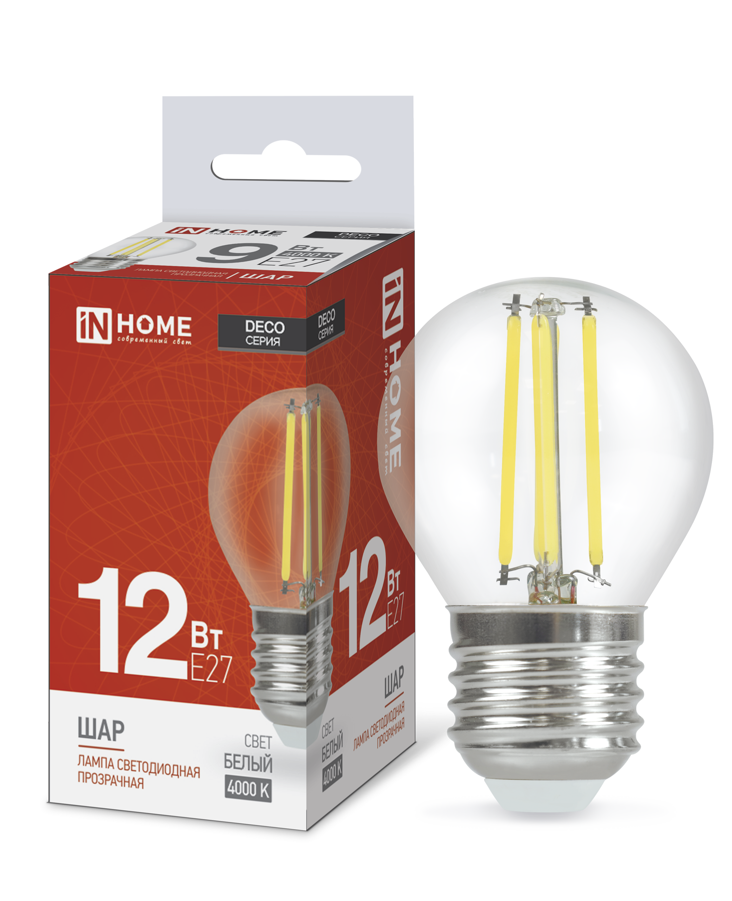 Лампа светодиодная LED-ШАР-deco 12Вт 230В Е27 4000К 1350Лм прозрачная IN HOME