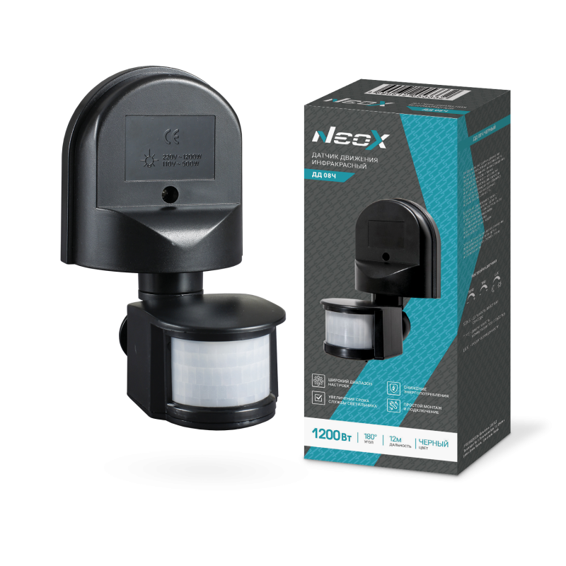 Датчик движения инфракрасный ДД 08Ч 1200Вт 180 гр.12м IP44 черный NEOX